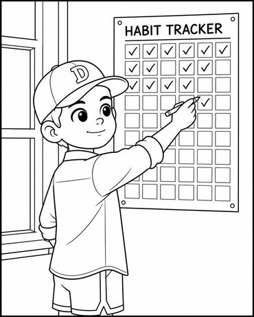 Boy marking a habit tracker chart.