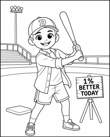 Boy ready to play baseball with a motivational sign.