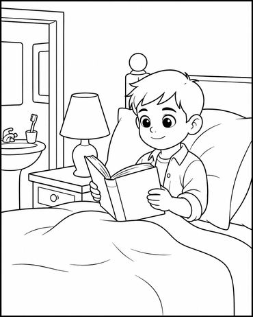 Boy reading a book in bed.