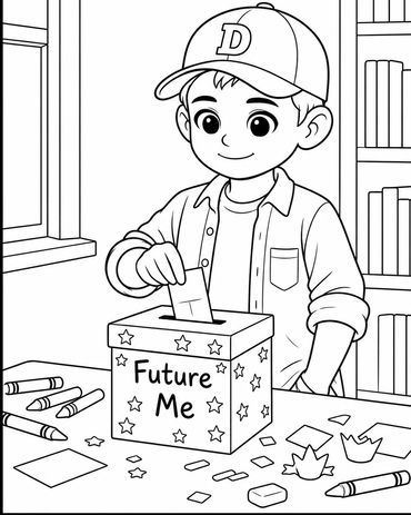 Boy putting a paper in a Future Me box.