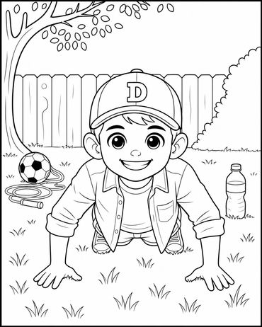 Boy in cap doing push-ups outdoors.