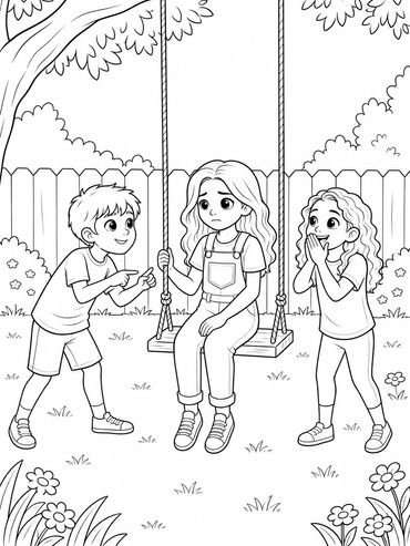Three kids with one girl on a swing looking sad.