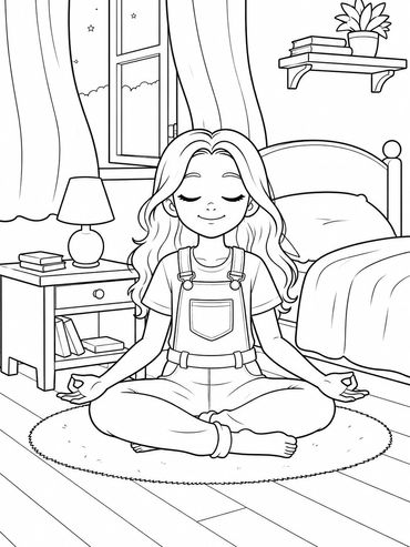 Girl meditating peacefully in her bedroom.