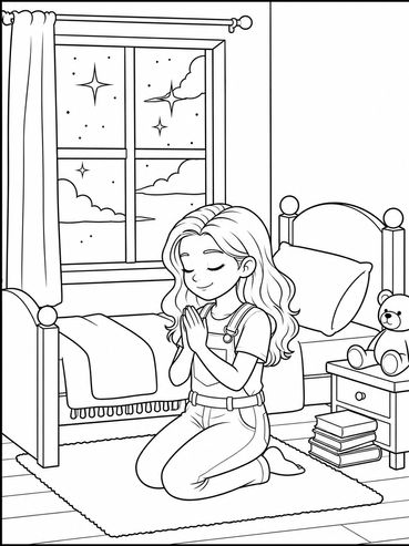 Girl praying by her bed at night.