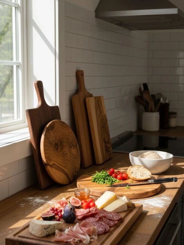Charcuterie board with cheese, meats, and fruits in a kitchen.