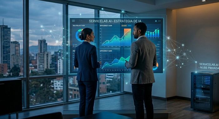 Two professionals analyze AI strategy data on a futuristic transparent screen in an office with city views.
