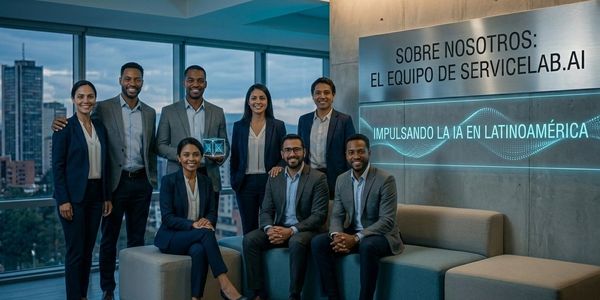Professional team posing in an office with a sign about AI in Latin America.