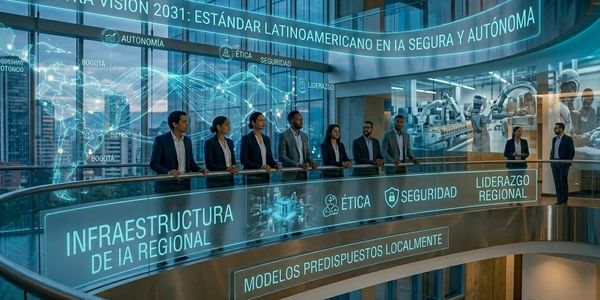 Business team discusses Latin American AI vision with futuristic digital displays.