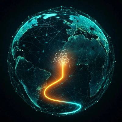 Digital glowing network globe with interconnected nodes and bright pathway.