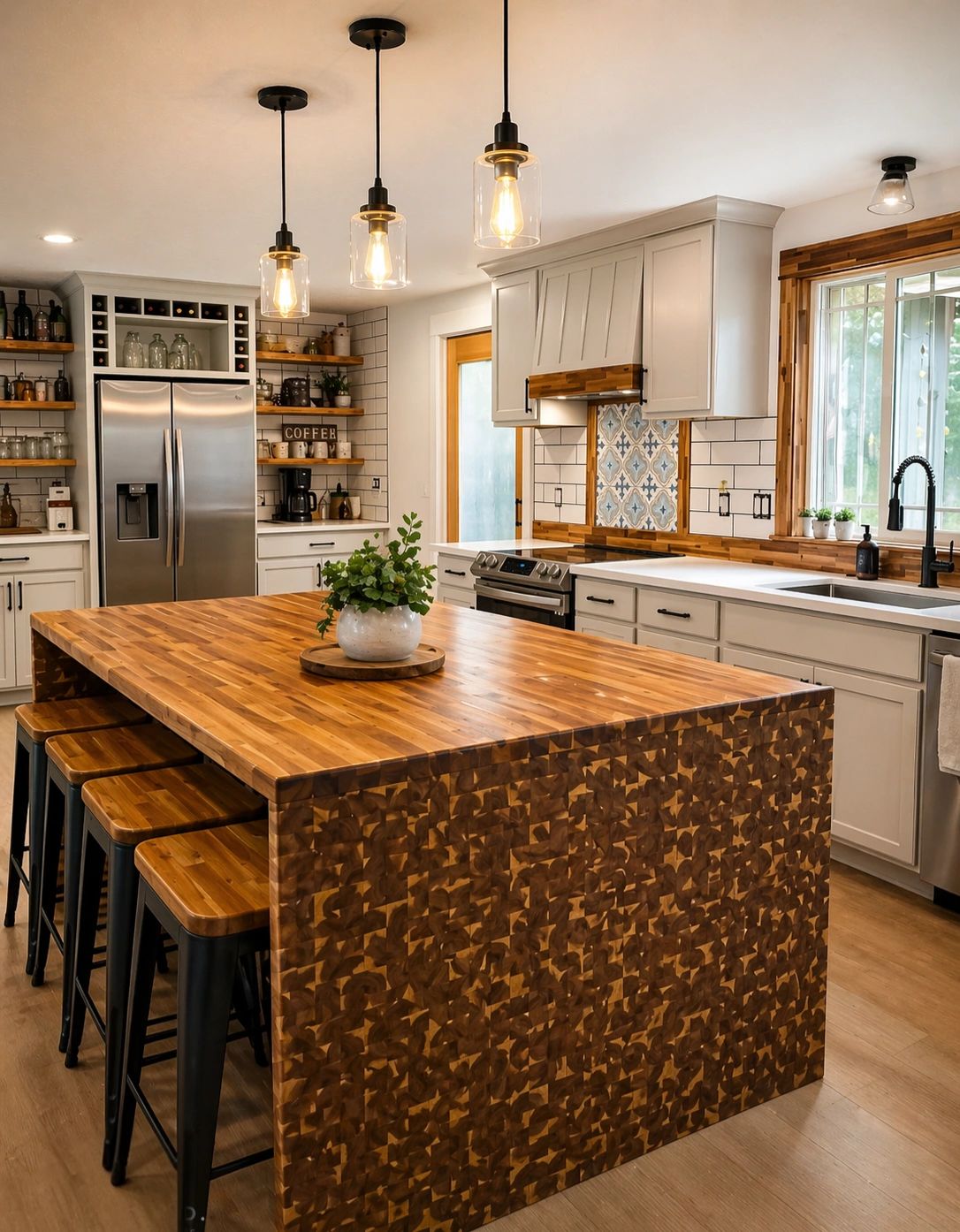 Modern kitchen with wooden island and pendant lights.