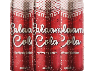Cans of Salaam Cola Keffiyeh Edition with 50% sugar