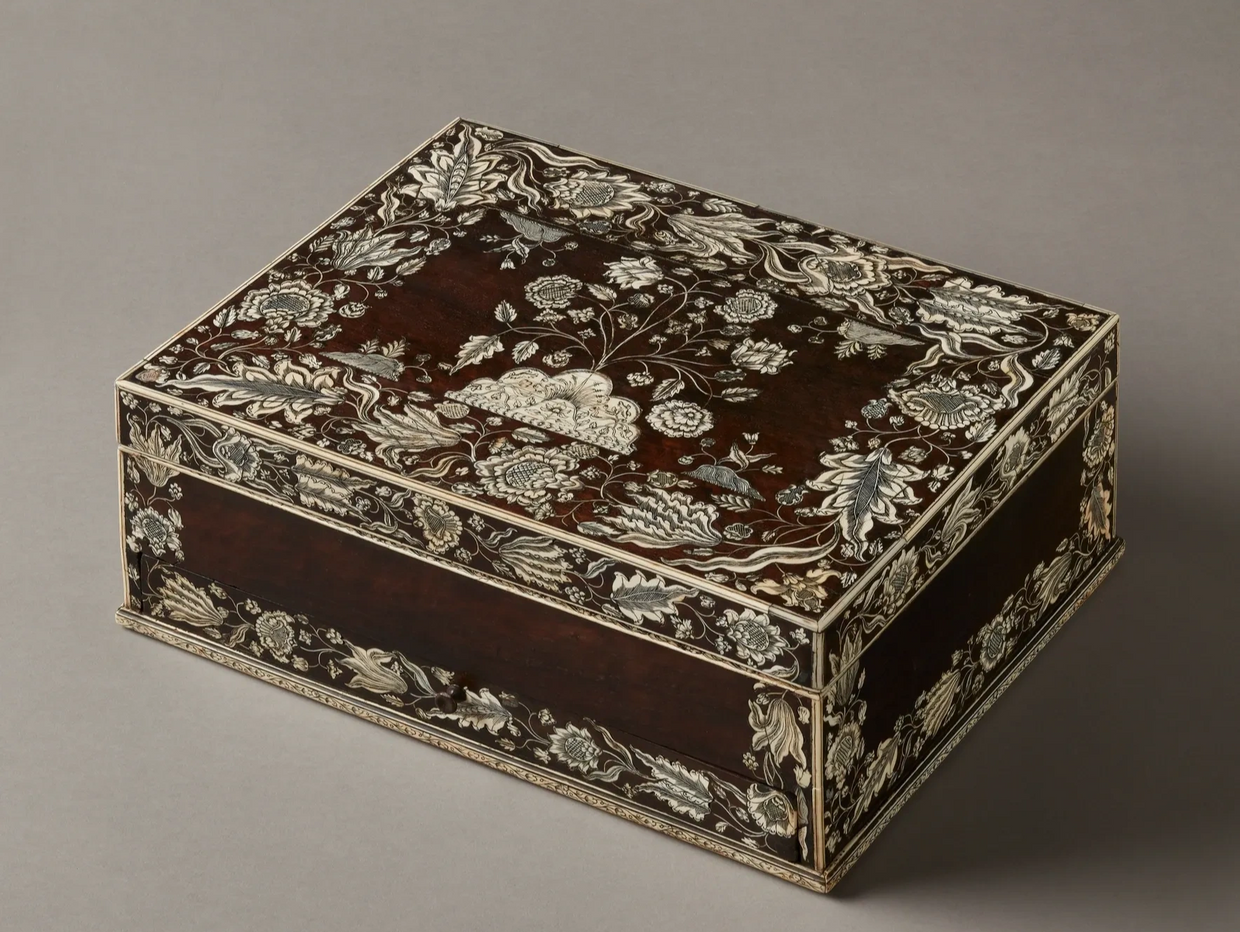 A FINE ANGLO-INDIAN IVORY-INLAID ROSEWOOD DRESSING BOX,
VIZAGAPATAM, EAST INDIA, 1740s or 1750s
