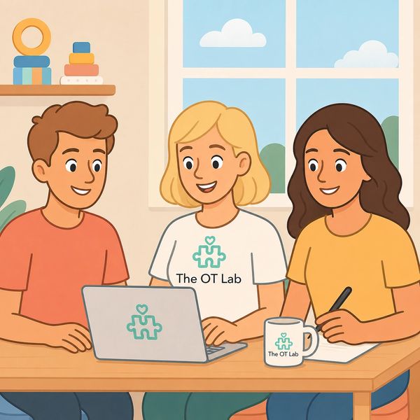 Three people collaborating at a table with The OT Lab branding.