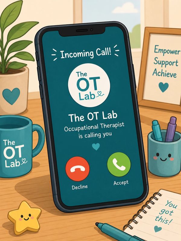 Phone showing an incoming call from The OT Lab with motivational desk items around.