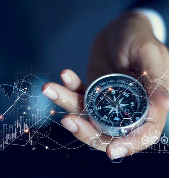 Hand holding a compass with digital financial and data analytics overlays.