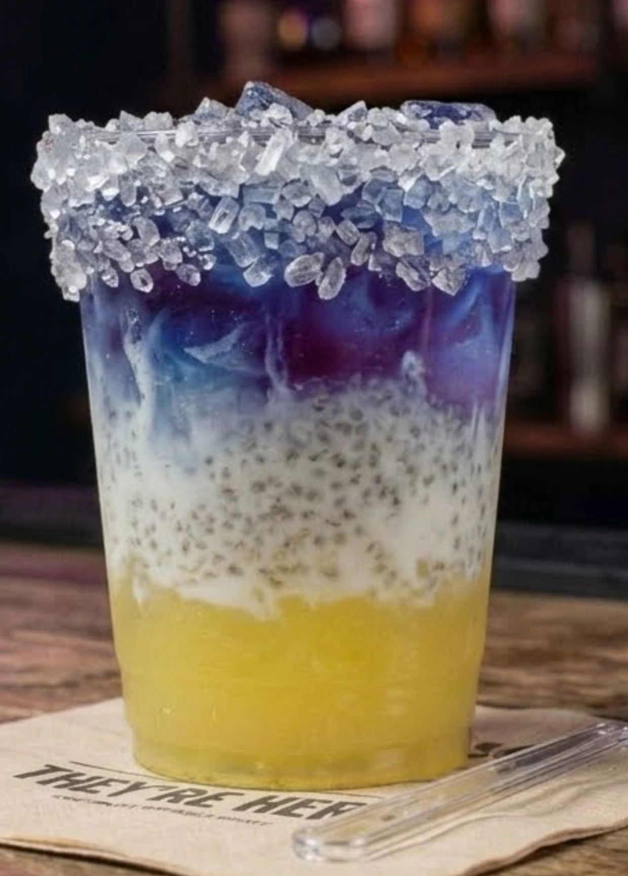 Colorful chia seed drink with a salt rim.