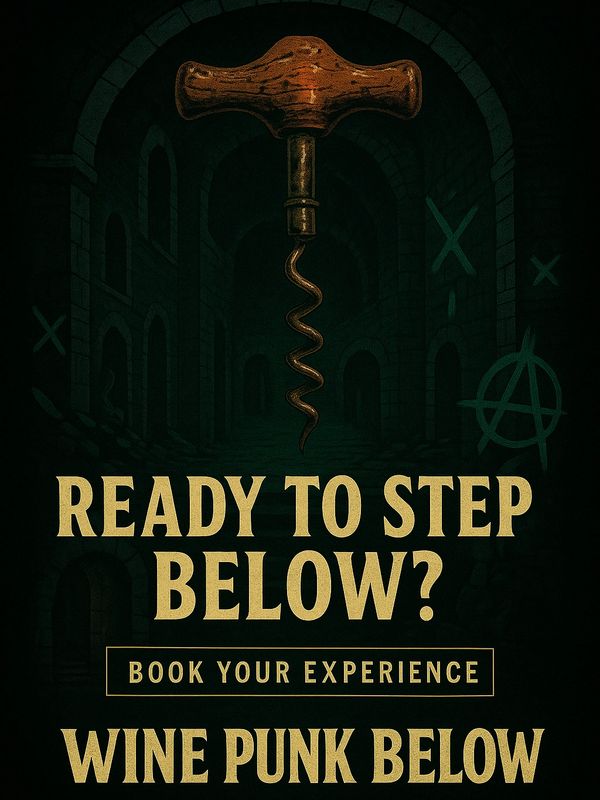 "Moody wine opener set in a shadowy stone cellar for immersive wine-tasting adventure at wine punk.
