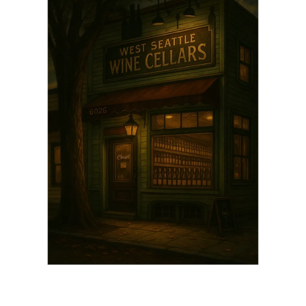 Dimly lit exterior of West Seattle Wine Cellars at night, with a closed sign on the door.