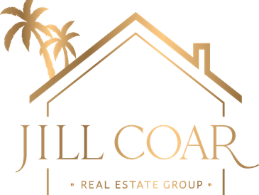Elegant gold logo for Jill Coar Real Estate Group with palm trees and house outline.
