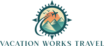 Logo of Vacation Works Travel with compass, mountains, and birds.