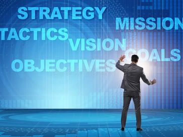 Businessman interacting with digital strategic planning words.