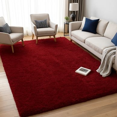 Cozy living room with a plush red rug, beige sofa, and armchairs.