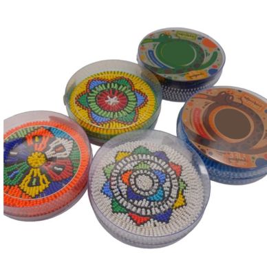 Colorful round puzzles with intricate designs inside clear cases.