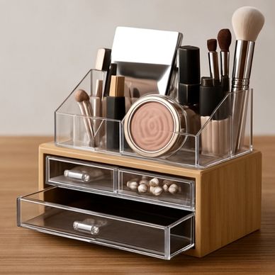 A wooden and clear acrylic makeup organizer with brushes and cosmetics.