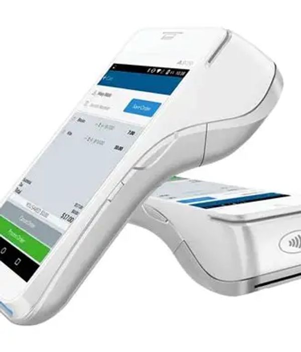 Modern white handheld payment terminals.
