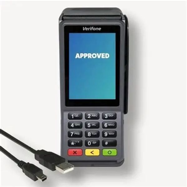 Payment terminal displaying 'APPROVED' with USB cables.