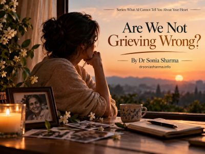 Woman reflecting at sunset titled “Are We Not Grieving Wrong?” from Dr Sonia Sharma’s about AI blogs