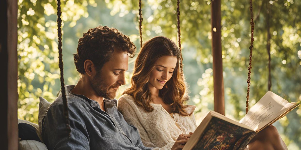A couple reading books on a swing.