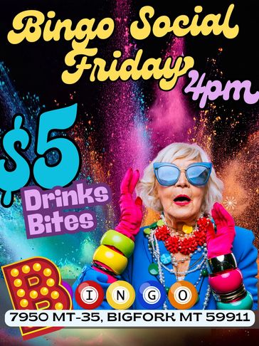 Colorful bingo social event poster featuring a stylish elderly woman and $5 drinks and bites.