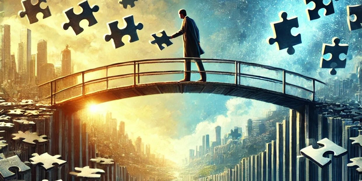 Man crossing a bridge holding a jigsaw piece, with jigsaw pieces floating around him.