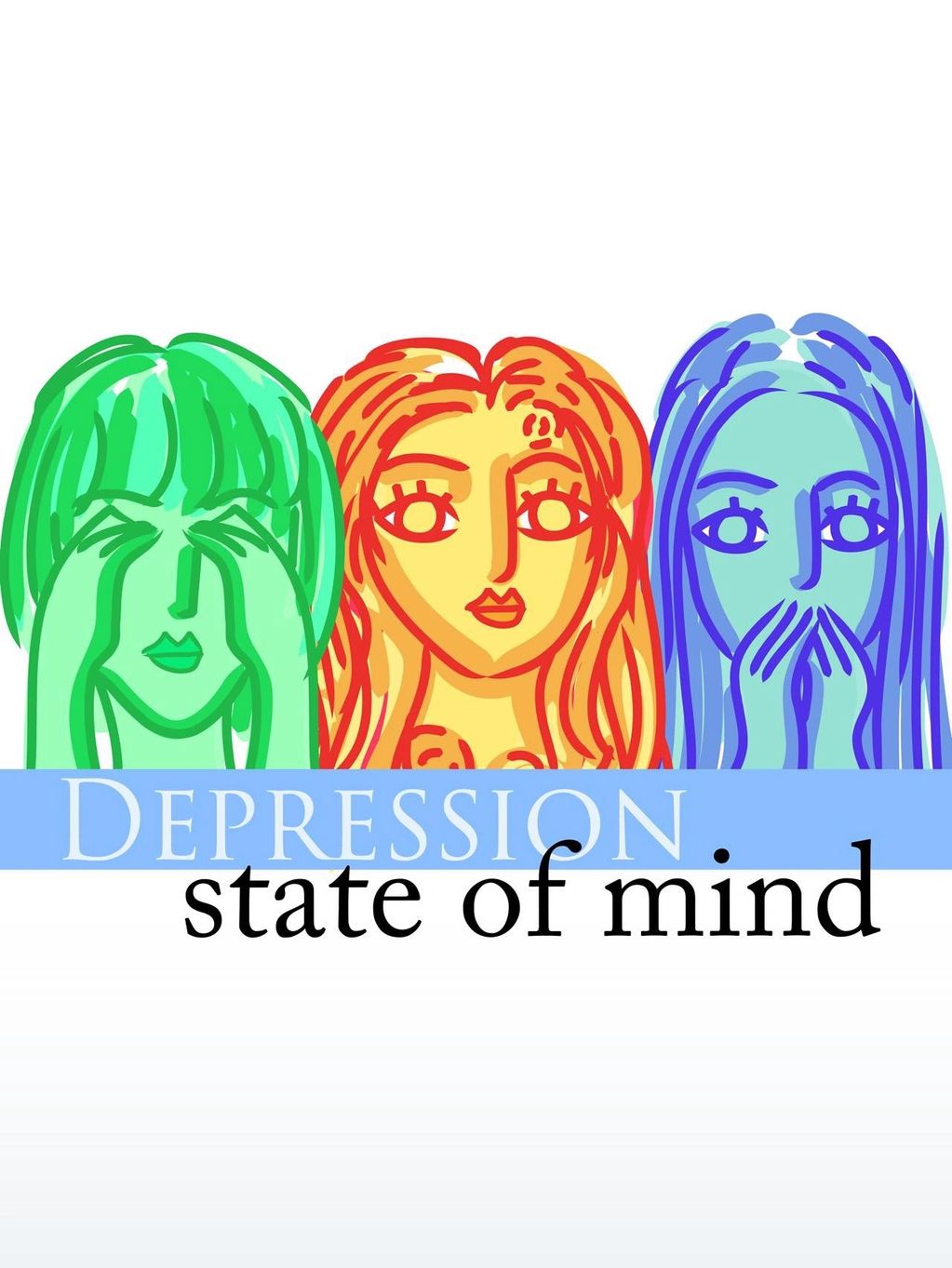 Illustration of three colorful faces representing depression with the text 'Depression state of mind'.