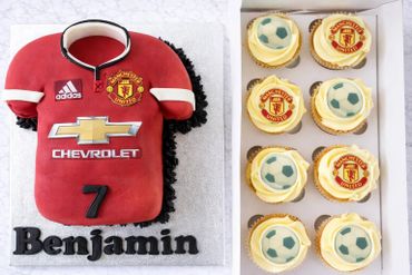 Manchester United themed cake and cupcakes for Benjamin's celebration.