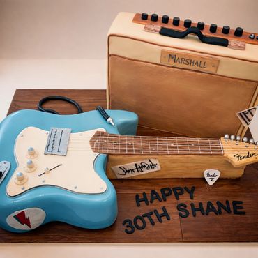 Realistic guitar and amplifier birthday cake for Shane's 30th.