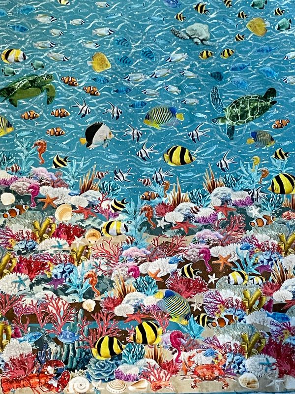 Sea Life textile and watercolor collage on fabric.