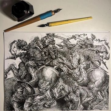 Intricate black and white ink drawing of warriors battling on horseback.