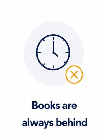 Clock showing 3 o'clock with text about books being behind.