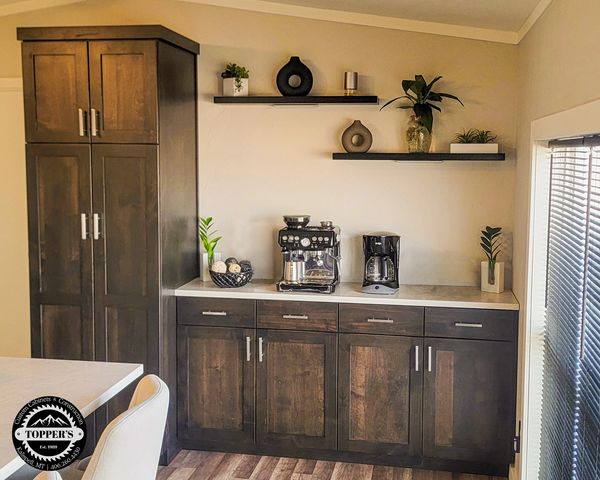 Handcrafted custom coffee station and pantry cabinets by Topper's Custom Cabinets in Montana.