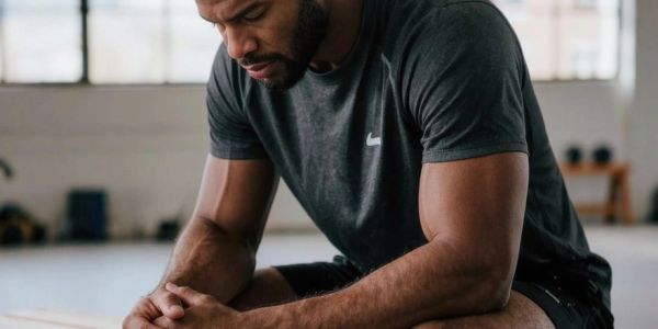A man in workout clothes sitting and resting with a thoughtful expression.