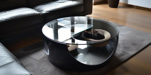 black glasstop coffee table with cat play and sleep bowls
