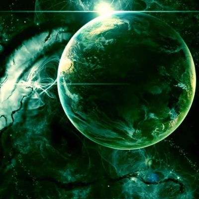 A glowing planet surrounded by ethereal green cosmic energy.