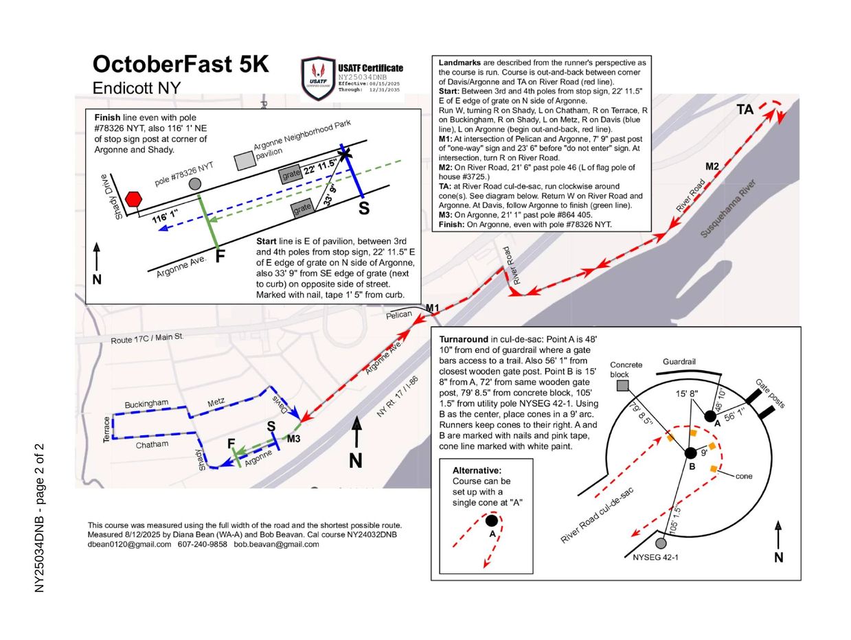 Map of OctoberFast 5K race course in Endicott, NY with landmarks and turnaround details.