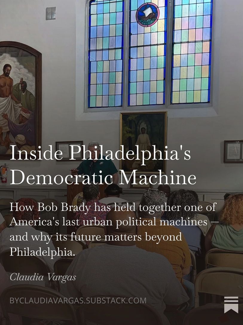 Inside Philadelphia's Democratic Machine meeting in a church hall.