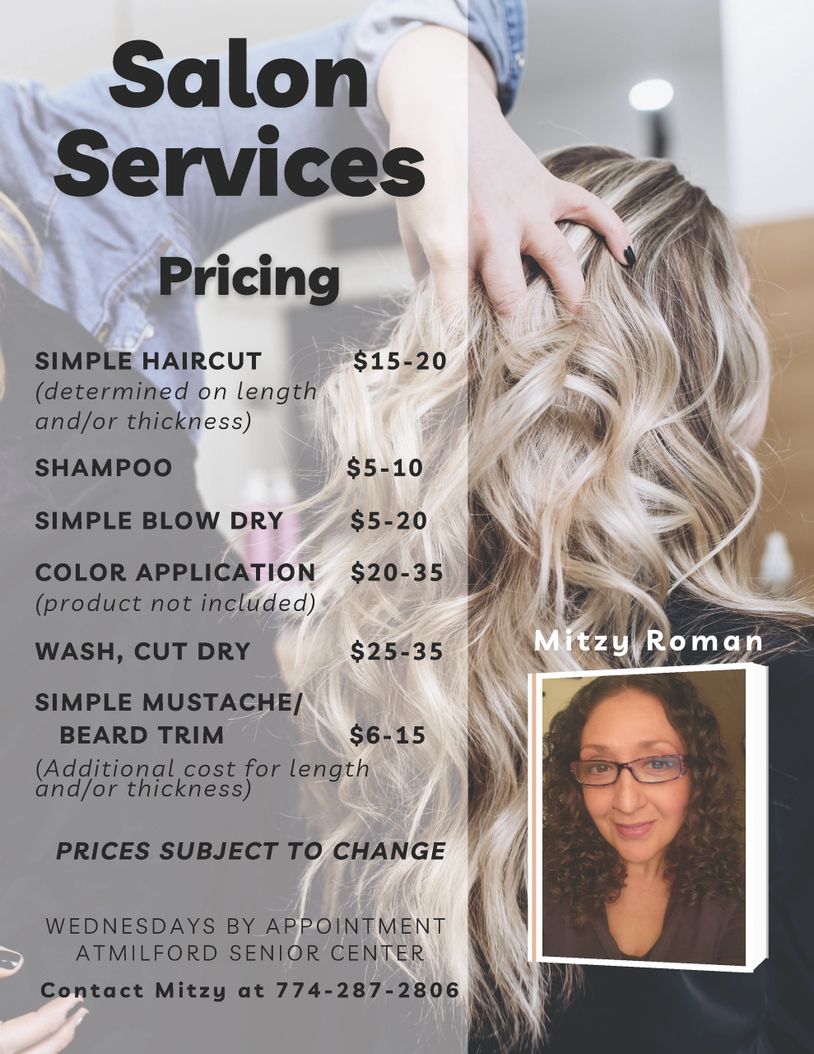 Salon services pricing with contact information for Mitzy Roman.
