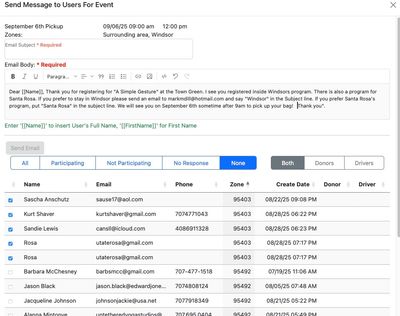 Event message interface for September 6th pickup with user list and email setup.