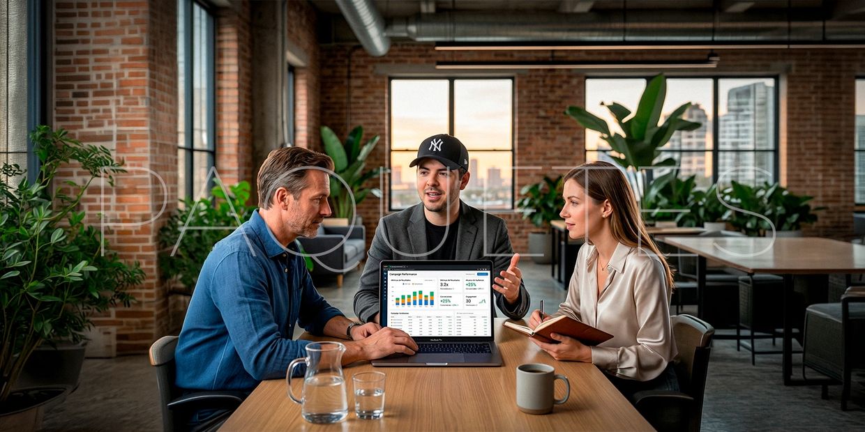 Three colleagues discussing campaign performance data in a modern office.