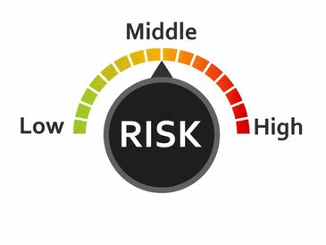Risk meter showing levels from low to high with a pointer at middle risk.